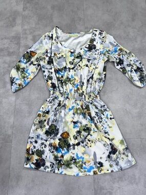 Gianni Bini Abstract Floral Blouson Mini Dress L Elastic Waist Roll-Tab Sleeve